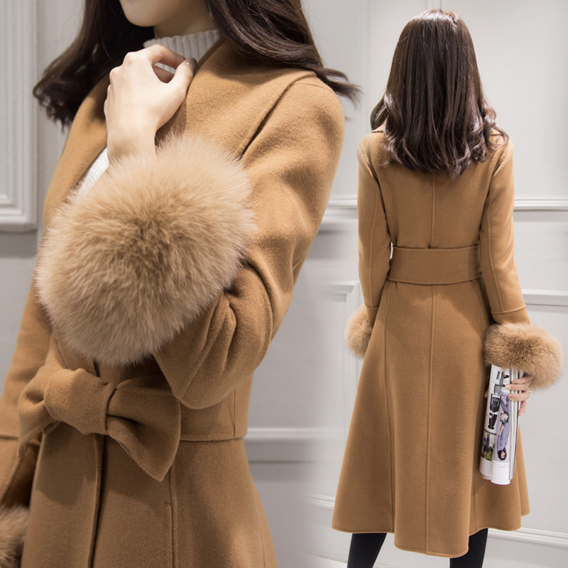 新款2015韩版女装秋冬长款毛呢外套女士狐狸毛修身羊毛呢子大衣潮