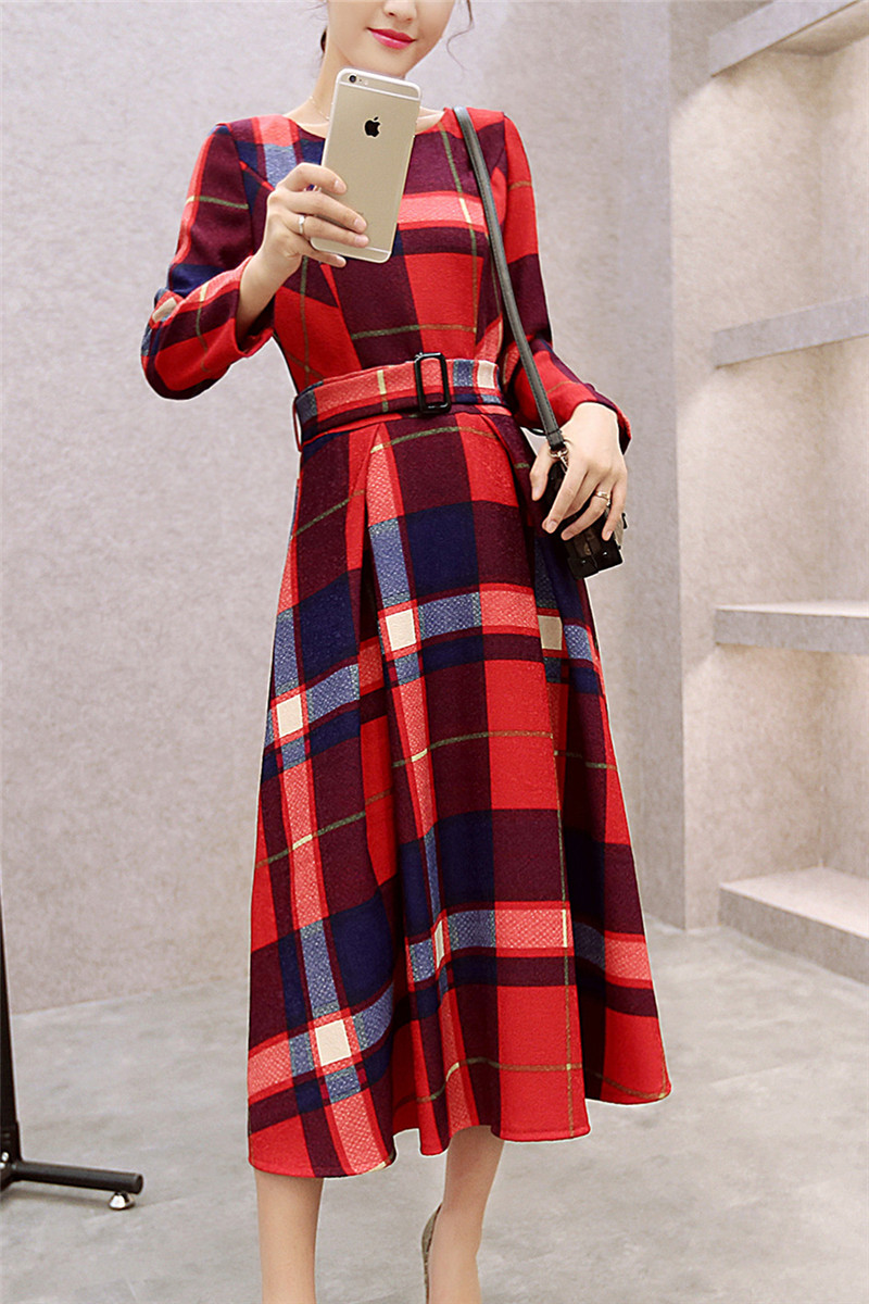 2015秋装新款女装连衣裙韩版中长款显瘦圆领打底裤格子长袖连衣裙