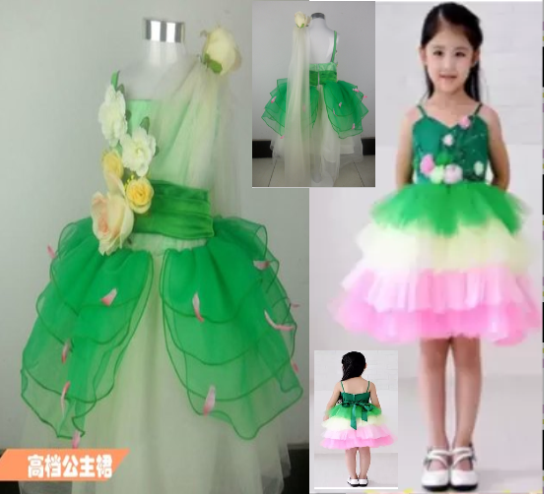 绿色百花仙子女童公主裙幼儿舞蹈服装花童礼服儿童蓬蓬演出服限时