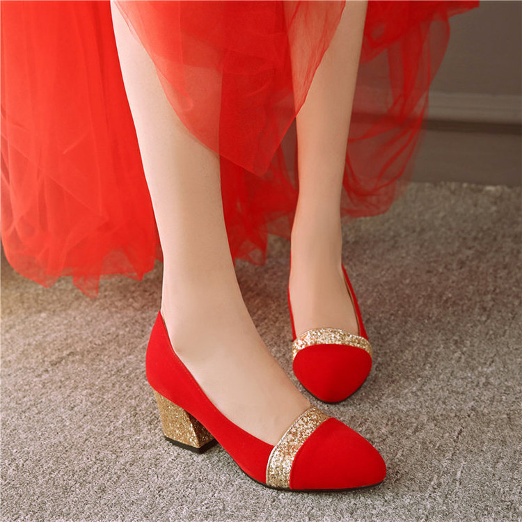 春夏季中跟大小码新娘鞋女红色高跟结婚鞋金色粗跟孕妇婚礼红鞋