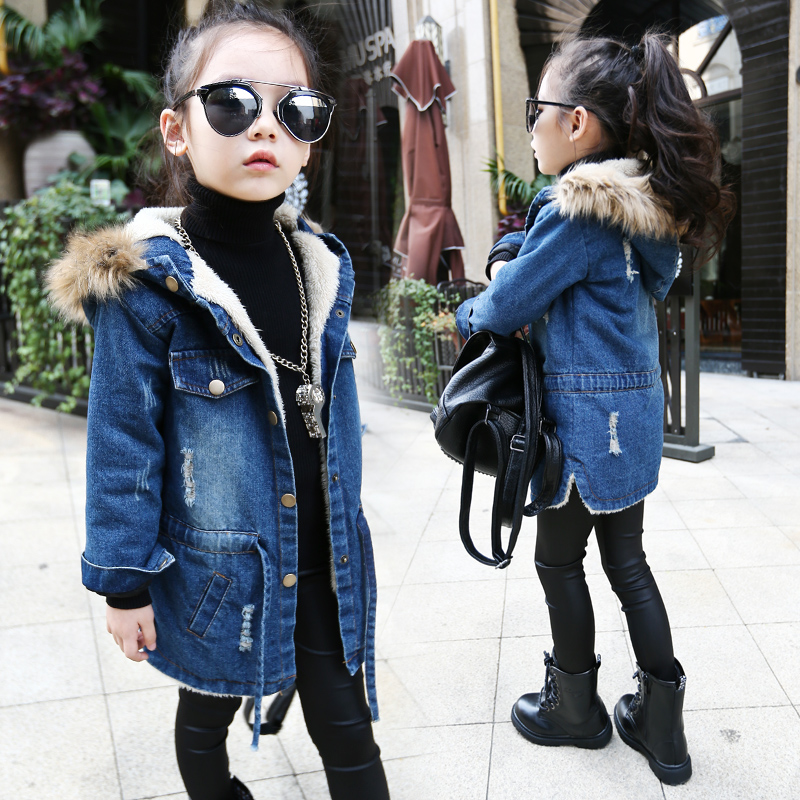 韩国女童加绒加厚牛仔外套童装冬装2015新款儿童冬款女孩中长款潮