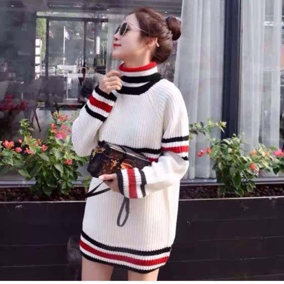 韩国冬装新款高领中长款撞色条纹白色粗毛长袖套头毛衣针织女折扣优惠信息