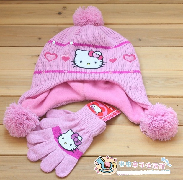 凯蒂KITTY猫女童儿童卡通防寒帽子手套套装保暖灰，红，粉，白色
