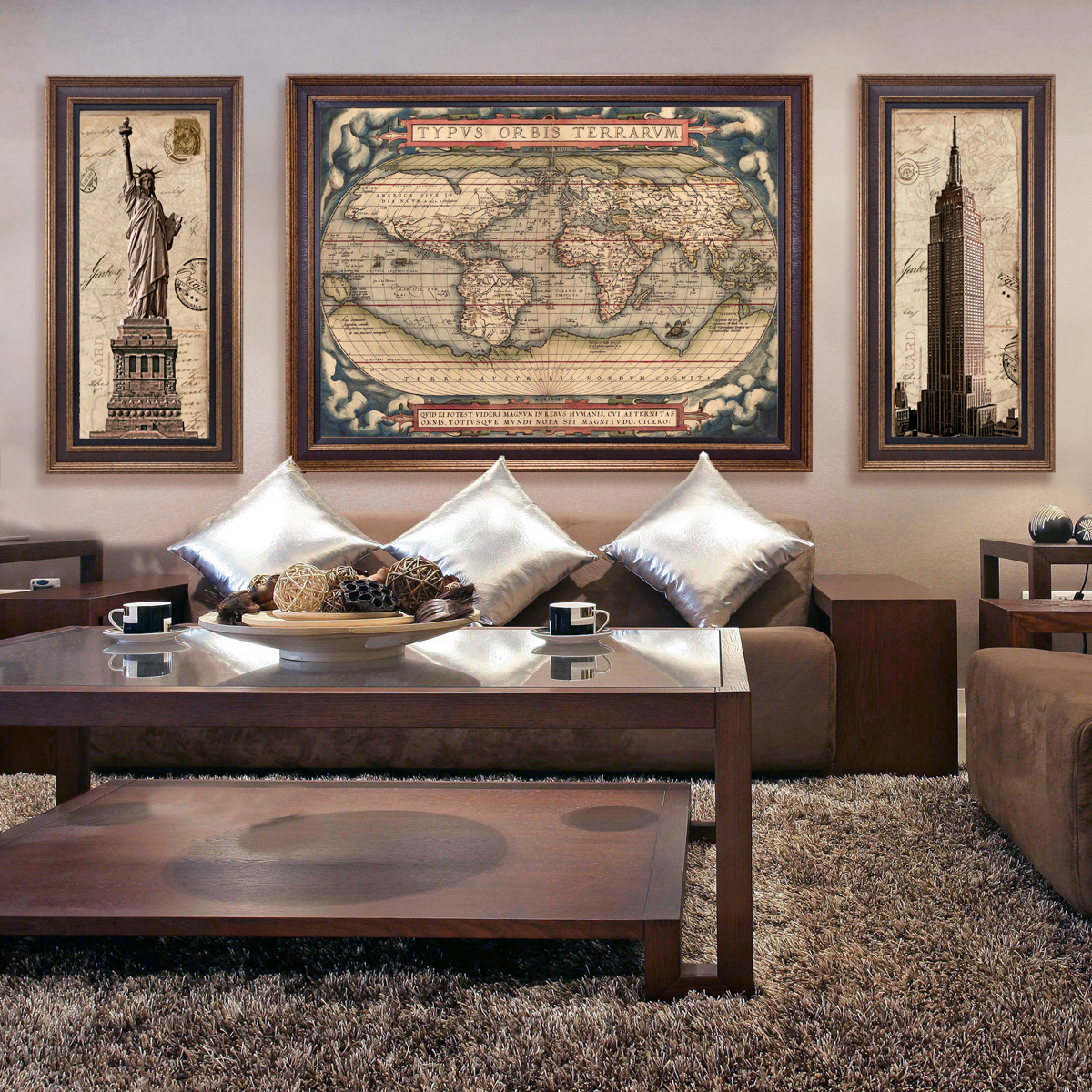 装饰画美式公司客厅办公室壁画复古世界地图三联沙发背景墙画挂画