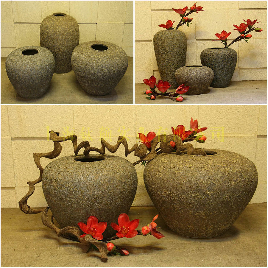手工新款陶瓷做旧复古气泡陶罐粗陶景观装饰组合摆件花瓶促销中