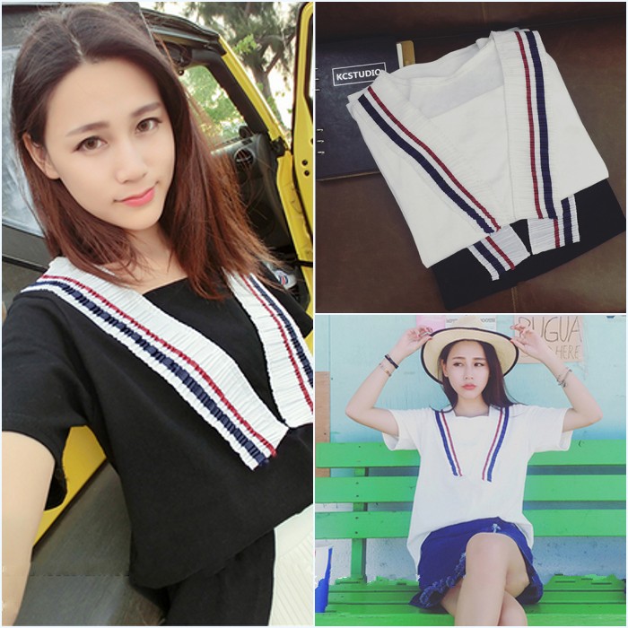 2016夏装新款韩版学院风宽松休闲条纹V领短袖假两件套头T恤上衣女折扣优惠信息