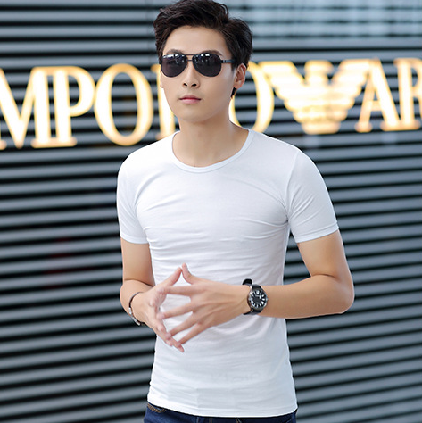 夏季新款男士白色圆领短袖T恤韩版修身纯色打底衫紧身纯棉体恤潮