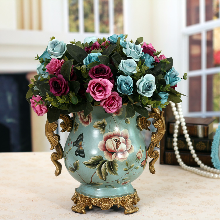 家居装饰品欧式复古陶瓷双耳花瓶摆件花插工艺品餐桌玫瑰花瓶套装