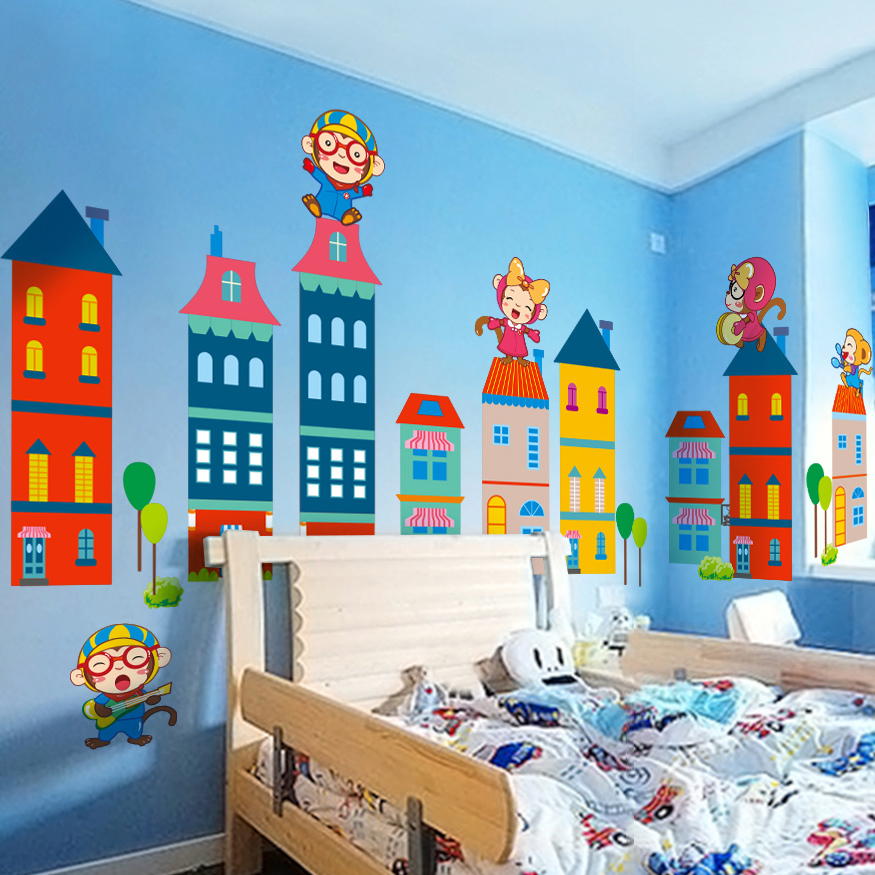 可爱卡通幼儿园装饰品墙贴纸儿童房卧室背景贴画猴子城堡自粘壁纸折扣优惠信息