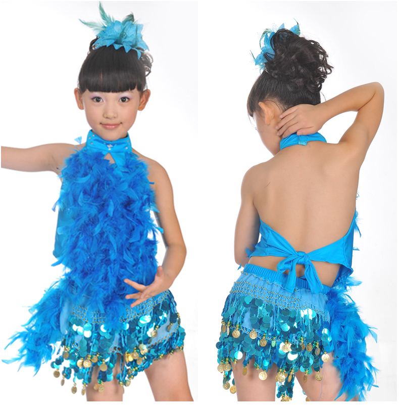 新款羽毛亮片拉丁比赛服儿童舞蹈表演服绣片女童拉丁舞服演出服