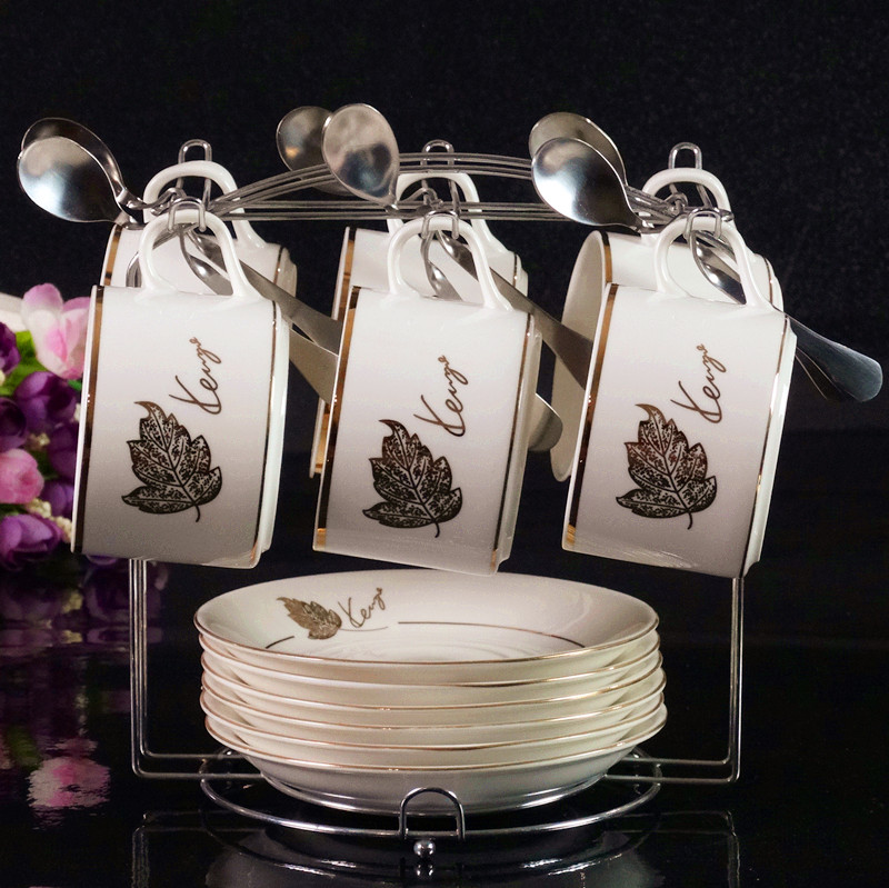 欧式陶瓷咖啡杯套装 高档金银边 创意6件套 骨瓷咖啡杯带碟勺架子