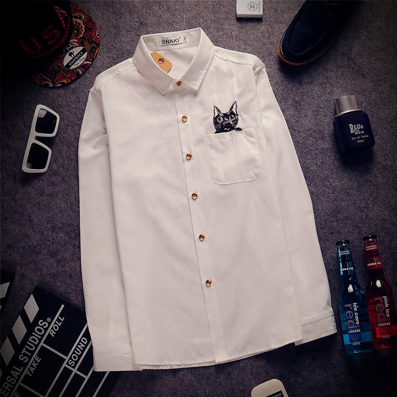 2015秋夏季男士刺绣小猫图案衬衫 韩版薄款透气学生修身外套上衣