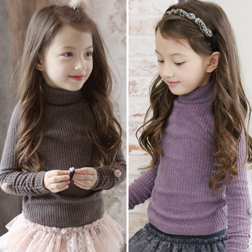 韩国童装2015冬季新女童百搭修身儿童纯色加绒毛衣大童加厚打底衫