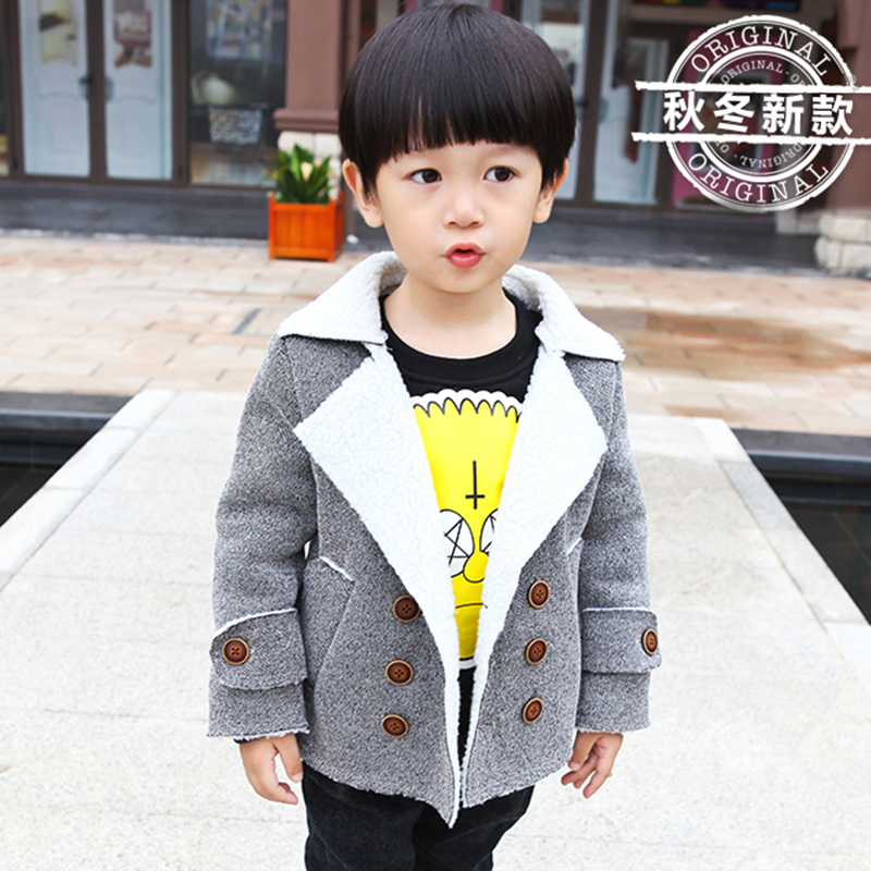 2015冬装新款儿童加厚加绒羊羔绒双排扣男童外套大衣上衣韩版童装