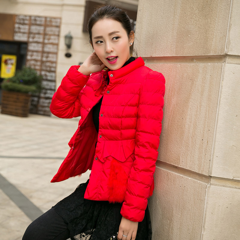 2015冬季新款韩版棉衣女短款学生修身时尚兔毛拼接甜美棉服外套潮