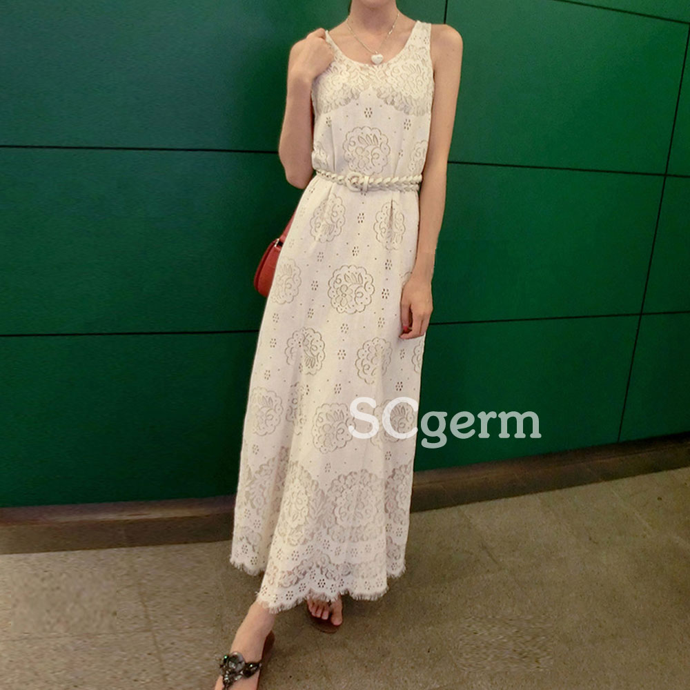 2015夏季新品韩国渡假无袖镂空蕾丝麻棉连衣裙中长款仙女吊带长裙