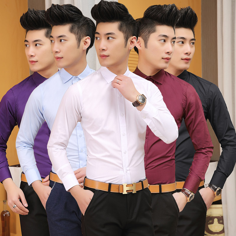 2015春季男士长袖衬衫韩版修身西装商务正装寸衫打底衫白色衬衣服折扣优惠信息
