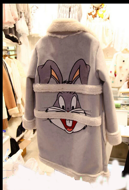 2015秋冬新款韩国东大门代购鹿皮绒兔子羊羔毛中长款外套女