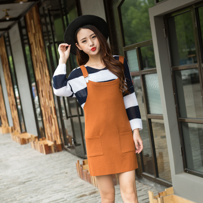 新款2016夏季韩版学院风吊带裙立体廓形针织毛线口袋背带裙半身裙