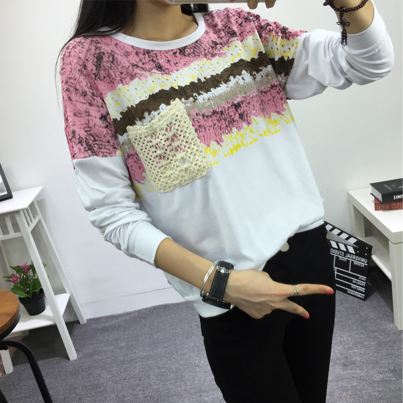 015#（实拍）韩版女装新品秋装女大码印花长袖T恤宽松女款打底衫