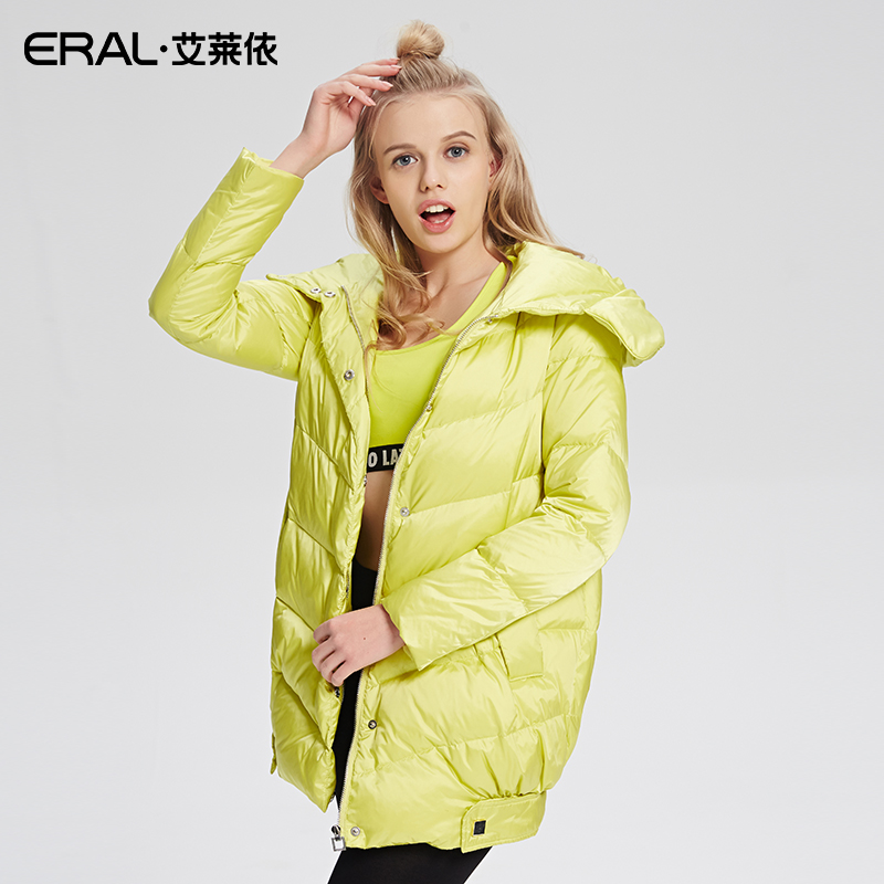 ERAL/艾莱依冬季修身韩版茧型羽绒服女连帽轻薄中长款16047-EDAB
