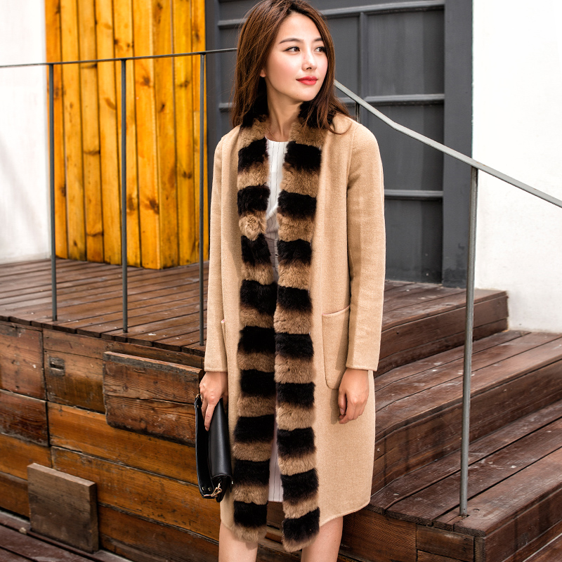 甘莎2015秋冬新品女士双面羊绒獭兔毛领外套高端羊毛大衣