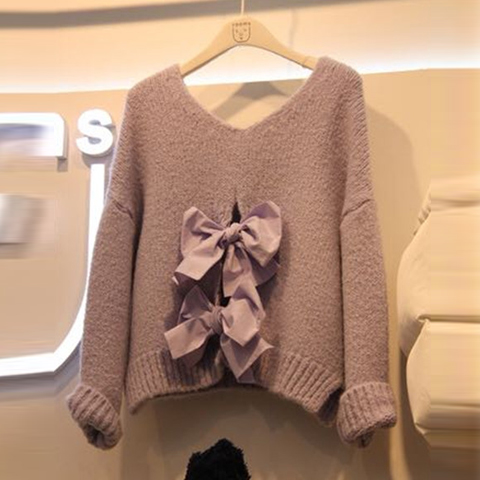 韩国代购2015冬装时尚甜美蝴蝶结v领针织衫女毛衣长袖打底衫上衣