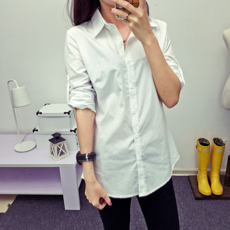 韩版新款休闲大码长款宽松纯棉长袖衬衣女士秋装白色衬衫女