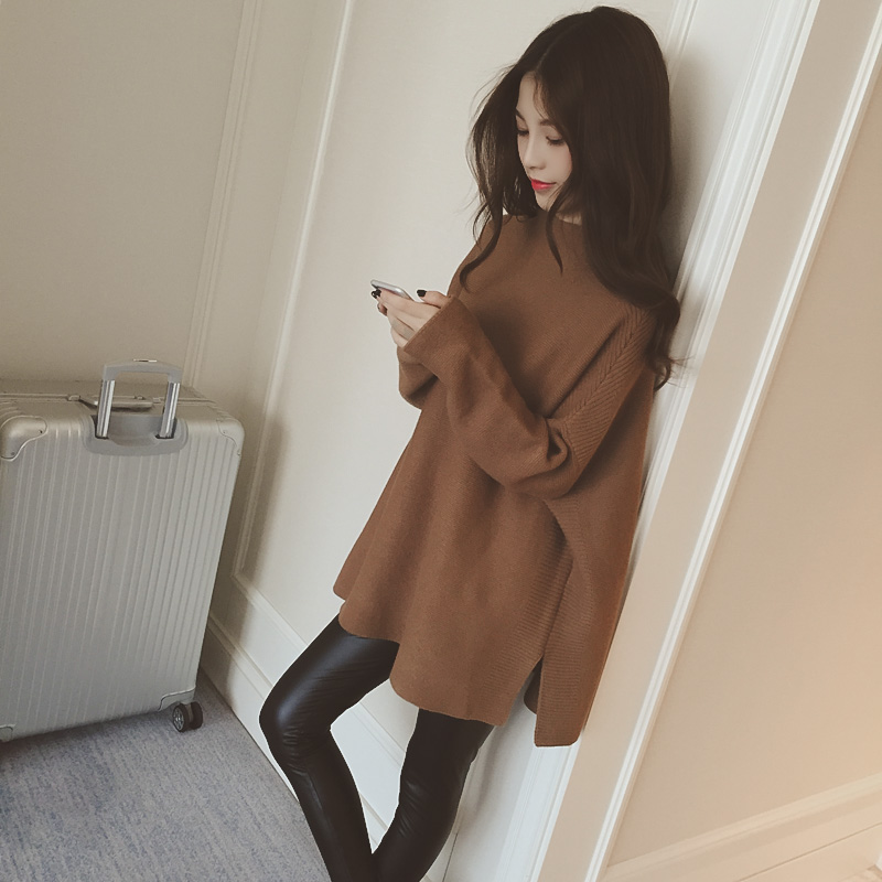 2015秋冬新款韩版大码女装高领宽松套头针织衫中长款长袖加厚毛衣