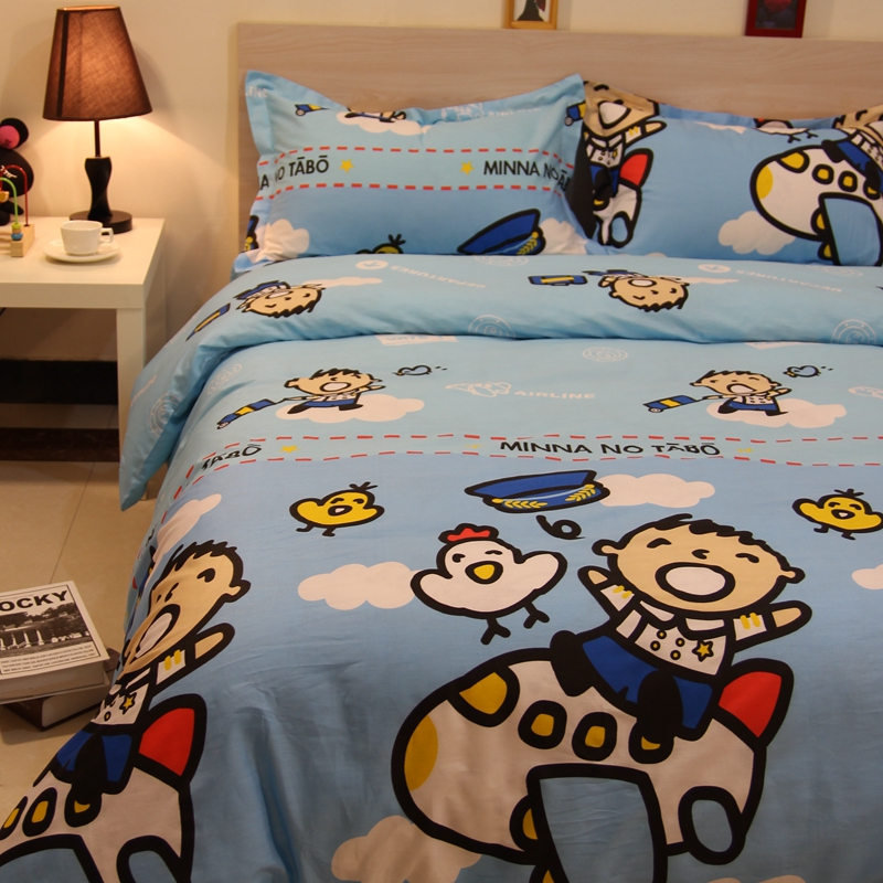 全棉卡通蓝色清爽可爱4件套 纯棉儿童床上用品套件床单床笠四件套