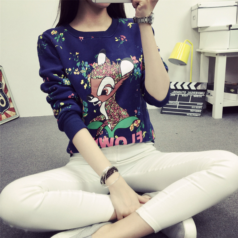 2015冬季新款韩版女装长袖加绒卫衣宽松大码学生套头保暖绒衫t恤