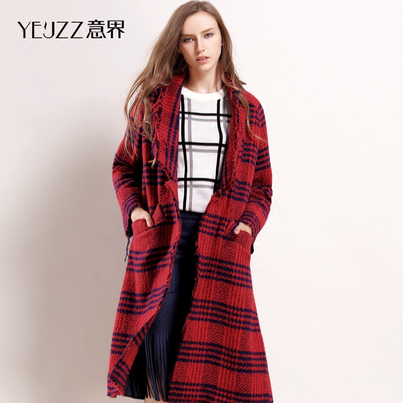 YE＇JZZ/意界2015冬装新款格纹流苏领毛呢外套女休闲宽松羊毛大衣
