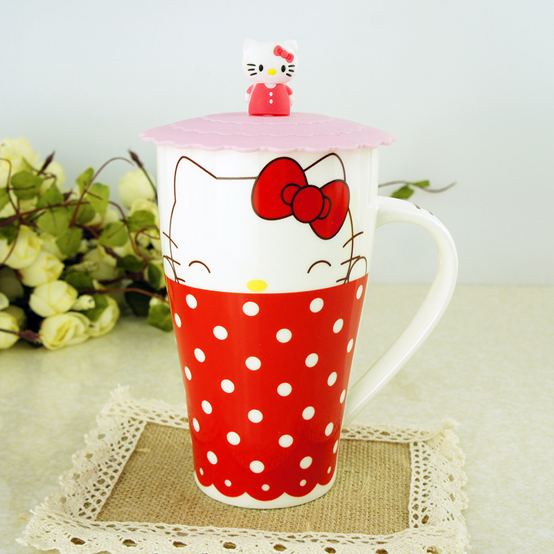 创意陶瓷马克杯 陶瓷水杯 可爱凯蒂猫卡通杯 hello kitty杯子带盖