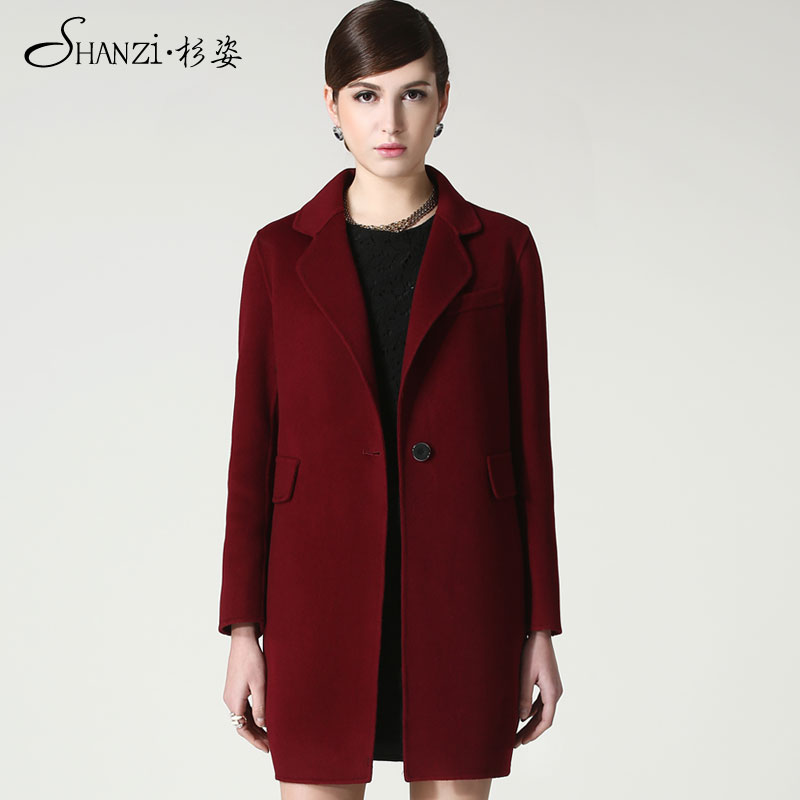 杉姿2015冬新款双面呢大衣女韩版修身中长款西装领双面羊绒呢外套