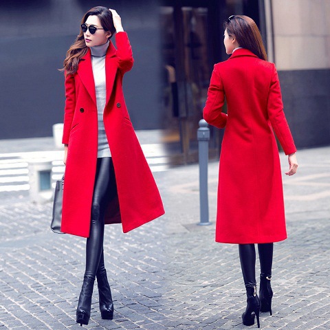 2016秋冬新款双面呢外套女装中长款过膝气质显瘦红色修身大衣