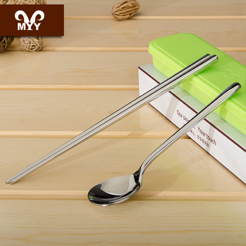 韩款创意便携式勺子筷子餐具套装 旅行学生不锈钢餐具勺筷二件套