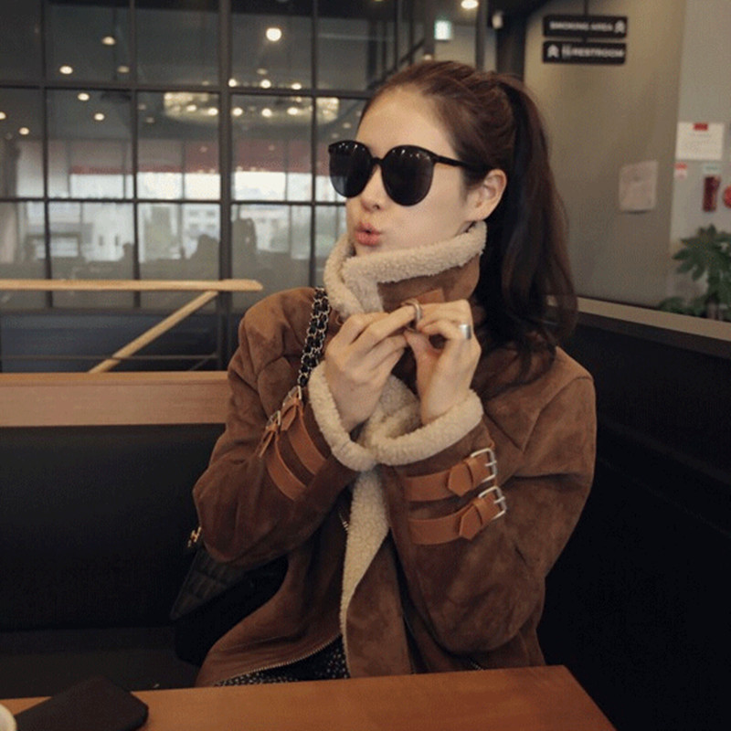 韩版学生冬装加厚羊羔毛鹿皮绒棉衣中长款女保暖修身机车外套潮范