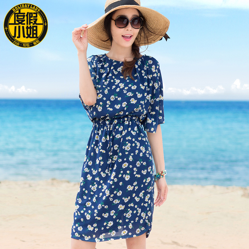2015夏沙滩裙波西米亚连衣裙海滩度假裙显瘦清新碎花印花口袋短裙