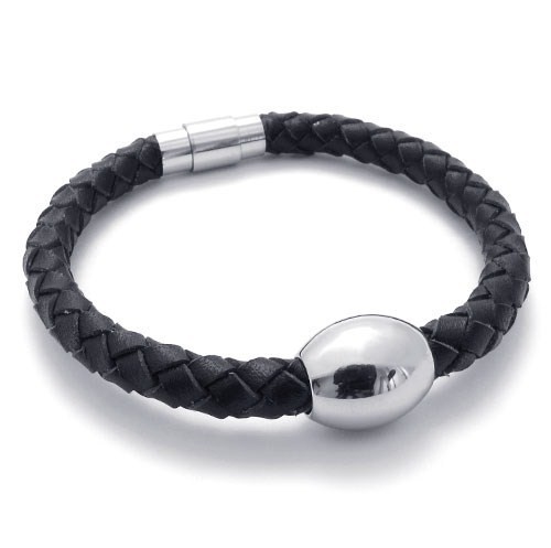 不锈钢皮绳手镯黑色牛皮磁铁扣手链单棵圆形钢珠大气时尚风格欧美