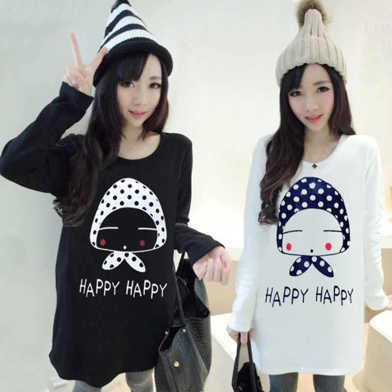 2015新款韩版大码女装中长款卡通长袖修身甜美通勤T恤