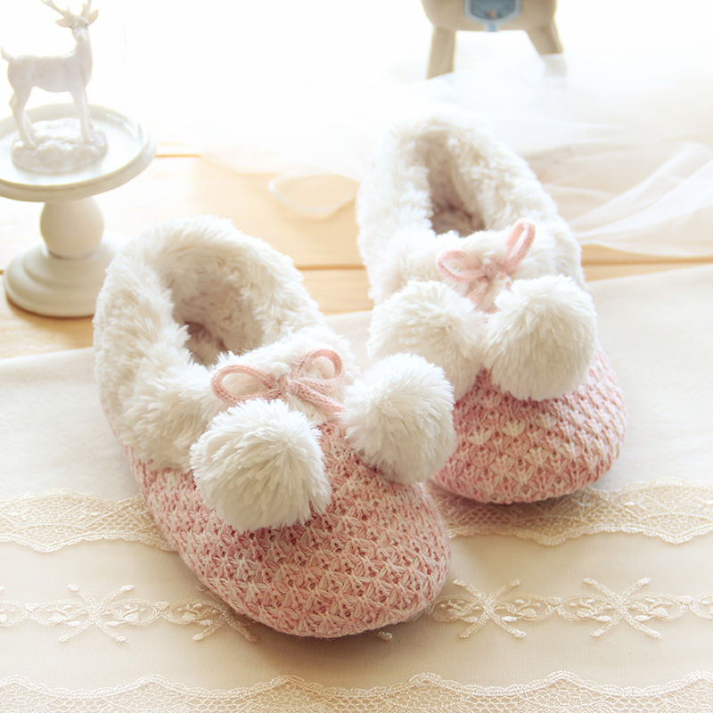冬季可爱针织毛线球球毛绒保暖棉拖鞋包跟家居拖鞋居家鞋月子鞋