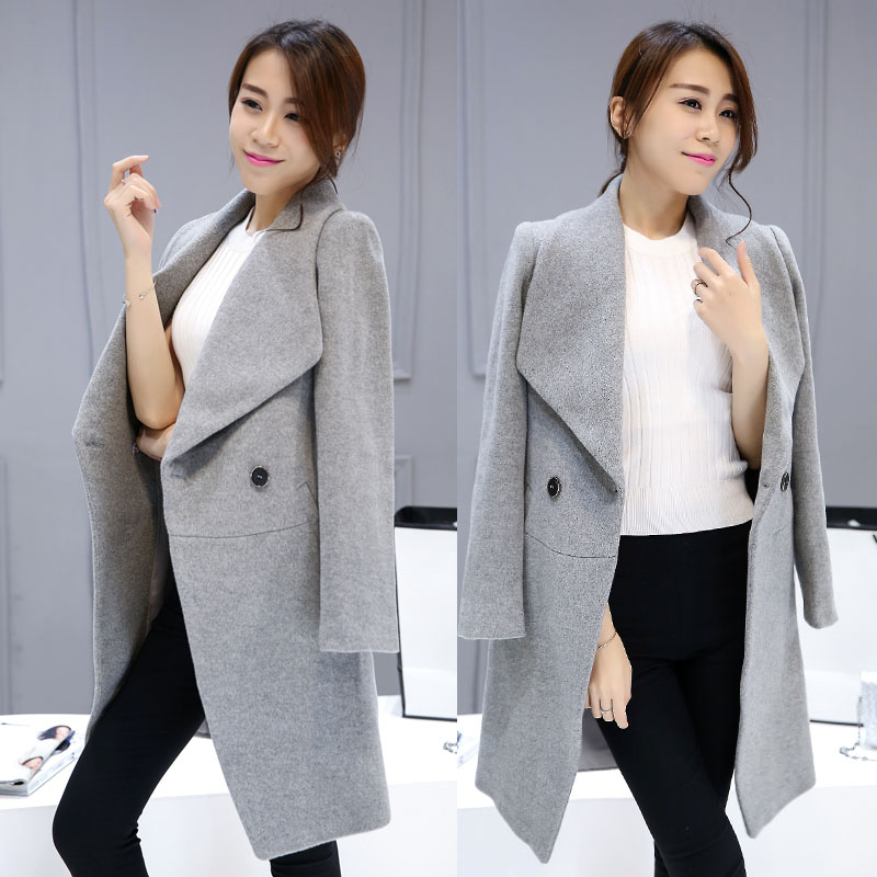 2015秋冬韩版新款大码女士纯色双面呢子大衣修身中长款毛呢外套女