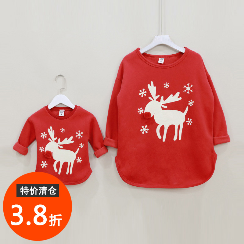 韩版亲子装冬装2015款母女装母子装宽松男童女童小鹿红色加绒卫衣折扣优惠信息