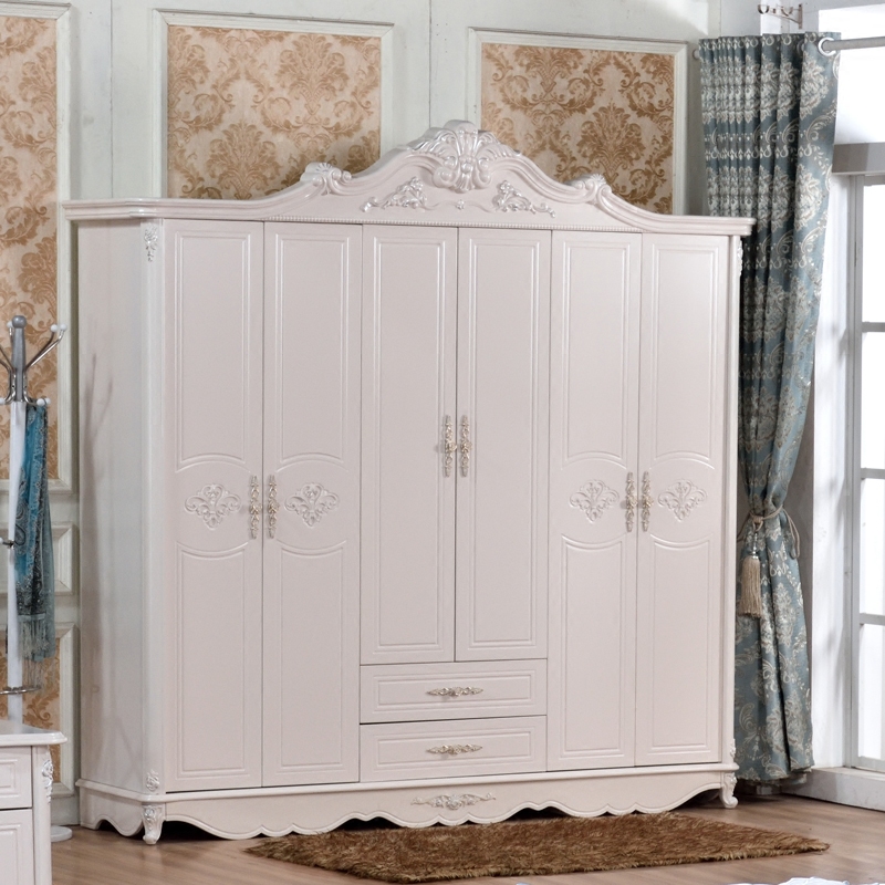 欧式衣柜田园法式实木橡木白色衣橱六门衣柜现代简约卧室储物衣柜