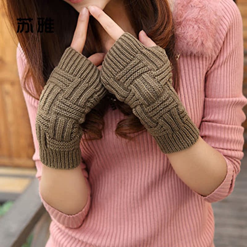 秋冬韩版手套女露指季条纹毛线假袖子加厚款针织半指加长保暖臂套