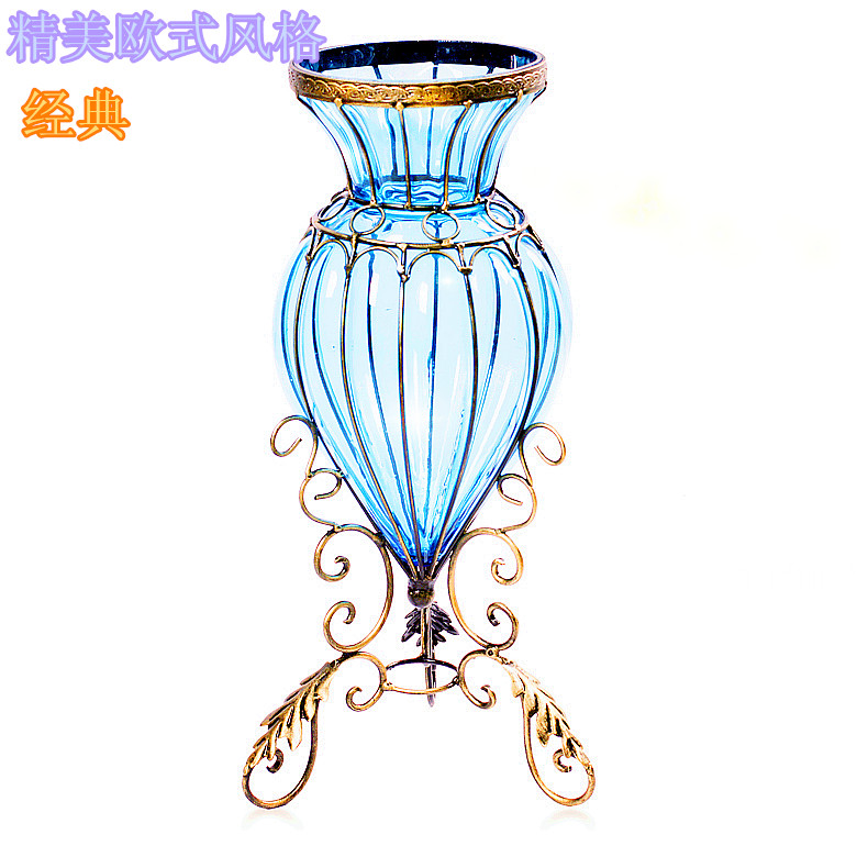 叶子 欧式复古  铁艺玻璃花瓶  落地大花瓶 蓝色透明花瓶