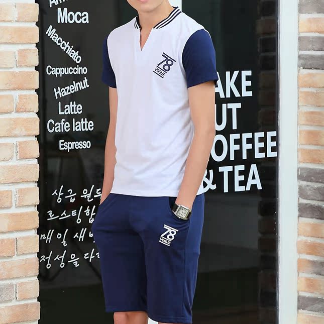 男士休闲运动套装夏季短袖T恤v领青年韩版修身跑步服学生五分裤潮