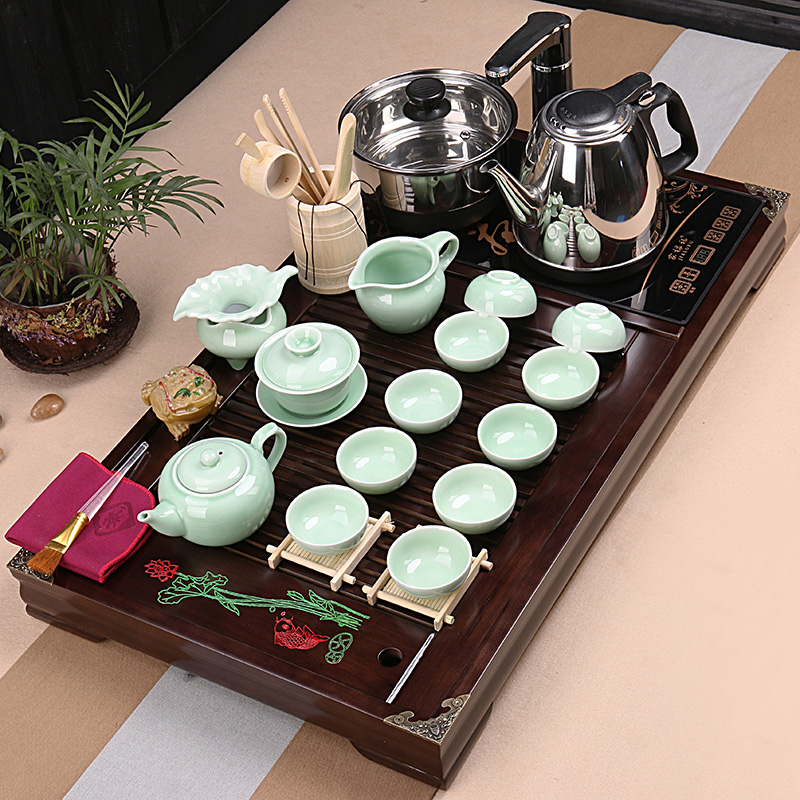 茶具套装清荷茶盘茶具套装四合一电磁炉整套功夫茶具实木茶盘茶台
