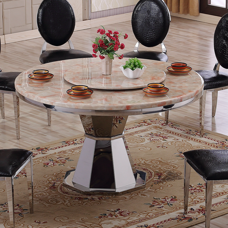 欧式大理石圆形餐桌椅组合简约现代6人带转盘火锅台桌不锈钢圆桌