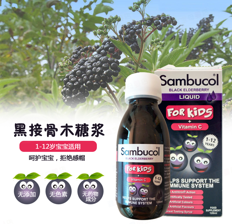 英国Sambucol儿童黑接骨木糖浆1-12岁120ml 维生素营养液提高抵抗